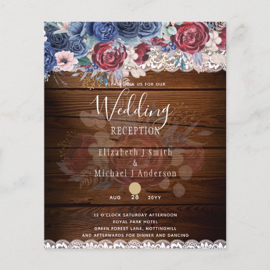 Timeless Rustic Blue Burgundy Floral Lace Wedding Flyer (Voorkant)