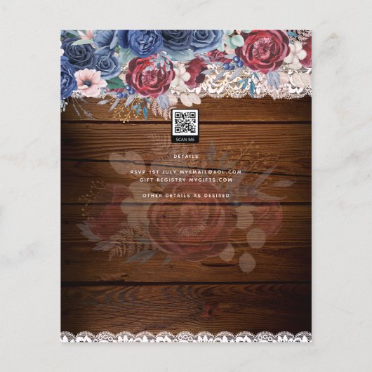 Timeless Rustic Blue Burgundy Floral Lace Wedding Flyer (Achterkant)