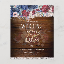 Timeless Rustic Blue Burgundy Floral Lace Wedding Flyer