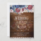 Timeless Rustic Blue Burgundy Floral Lace Wedding Kaart (Voorkant)