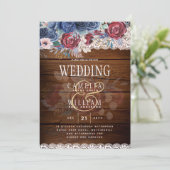 Timeless Rustic Blue Burgundy Floral Lace Wedding Kaart (Staand voorkant)