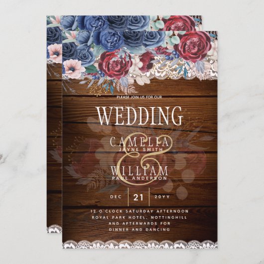 Timeless Rustic Blue Burgundy Floral Lace Wedding Kaart (Voorkant / Achterkant)