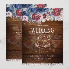 Timeless Rustic Blue Burgundy Floral Lace Wedding Kaart