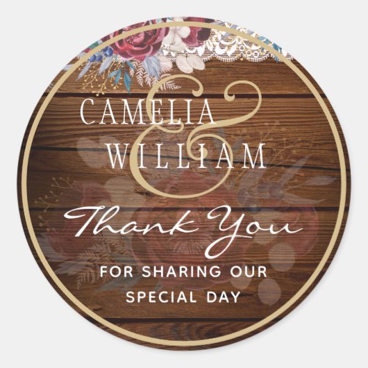 Timeless Rustic Blue Burgundy Floral Lace Wedding Ronde Sticker (Voorkant)