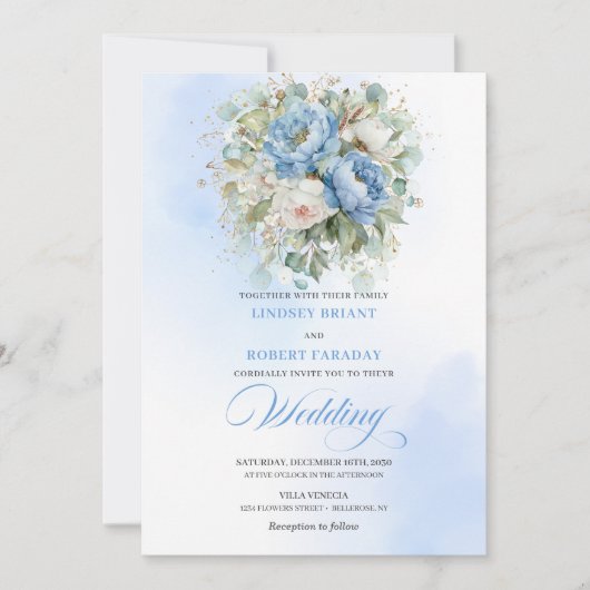 Timeless Rustic Pastel Blue Peony Gold Wedding Kaart (Voorkant)