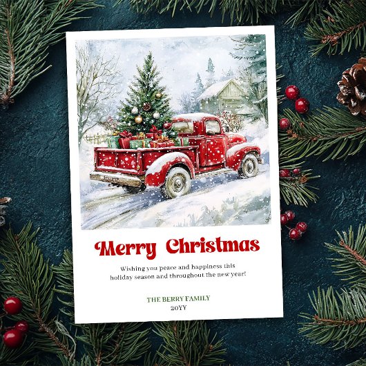Timeless Rustic Red Truck Christmas Scene Greeting Feestdagenkaart