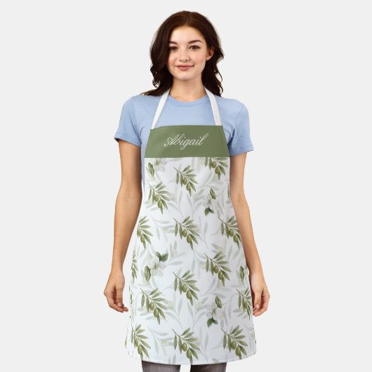 Timeless Sage Olive Watercolor Name  Schort (Gedragen)