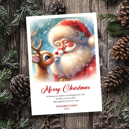 Timeless Santa With Rudolph Merry Christmas Card Feestdagenkaart