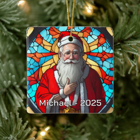 Timeless Stained Glass Santa Keramisch Ornament (Boom)