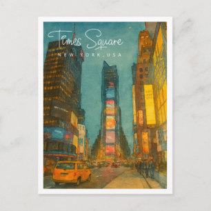 Times Square NYC Nachtverlichting Watercolor Feestdagenkaart