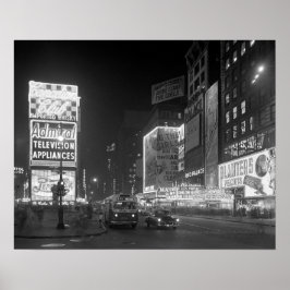 Times Square 's nachts, 1953. Oude foto Poster