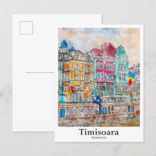 Timisoara Roemenië Reizen Waterverf Hand getekend Briefkaart