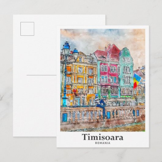 Timisoara Roemenië Reizen Waterverf Hand getekend Briefkaart (Voorkant / Achterkant)
