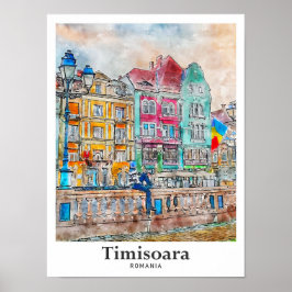 Timisoara Roemenië Reizen Waterverf Hand getekend Poster