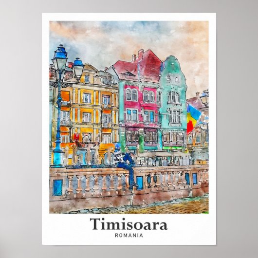 Timisoara Roemenië Reizen Waterverf Hand getekend Poster (Voorkant)