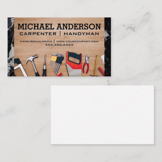 Timmergereedschap op tafel | hoofdaannemer visitekaartje (Voorkant / Achterkant)
