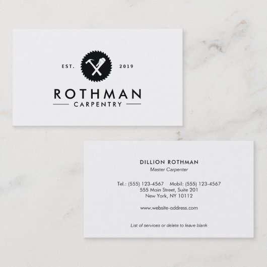 Timmerhamer, Pijpenmoersleutel, Ronde zaag Logo Visitekaartje (Voorkant / Achterkant)