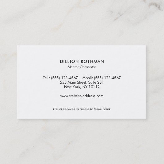 Timmerhamer, Pijpenmoersleutel, Ronde zaag Logo Visitekaartje (Achterkant)