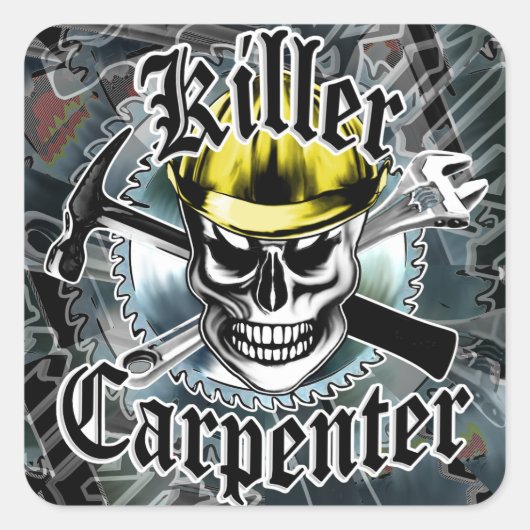 Timmerman schedel met Geel Hard: Killer Carpenter Vierkante Sticker (Voorkant)