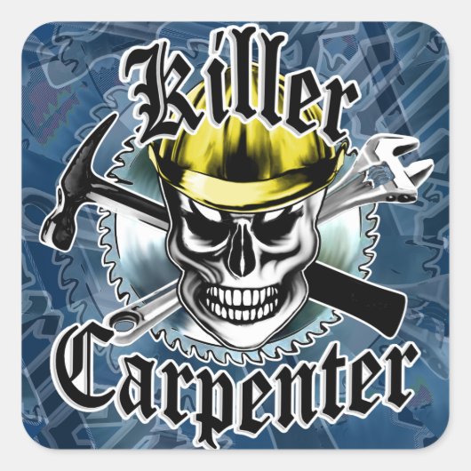 Timmerman schedel met Geel Hard: Killer Carpenter Vierkante Sticker (Voorkant)