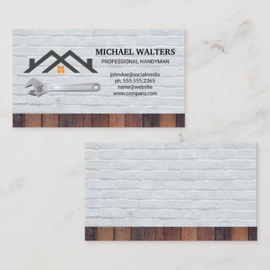 Timmermanswering gereedschap | Houten bakstenen mu Visitekaartje (Voorkant / Achterkant)