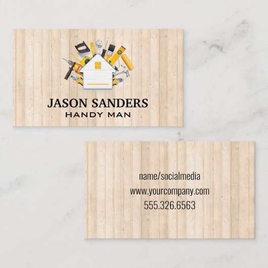 Timmermanswerktuigen en huisicoon | Houten latten Visitekaartje (Voorkant / Achterkant)