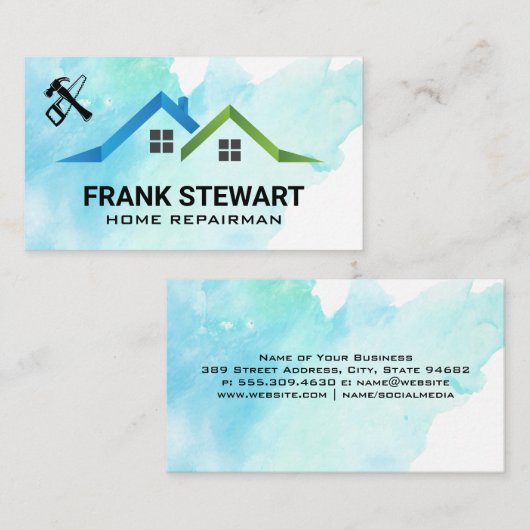 Timmermanswerktuigen en pictogram van het huisdak visitekaartje (Voorkant / Achterkant)