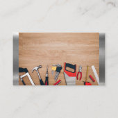 Timmermanswerktuigen op houten tafel | Metalen afw Visitekaartje (Achterkant)