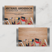 Timmermanswerktuigen op houten tafel | Metalen afw Visitekaartje (Voorkant / Achterkant)