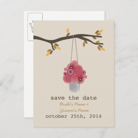 Tin blikje rode bloemen vallen bruiloft save the d aankondigingskaart (Voorkant / Achterkant)