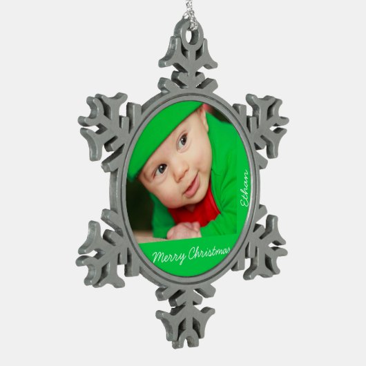 Tin Kerstdier met Baby Sneeuwvlok Ornament (Links)