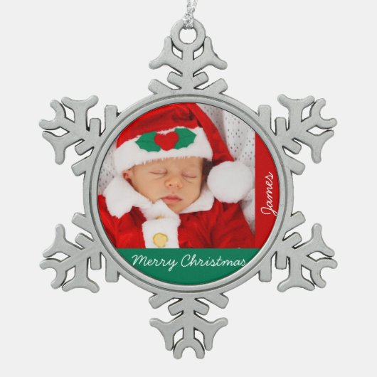 Tin Kerstdier met Baby Tin Sneeuwvlok Ornament (Voorkant)