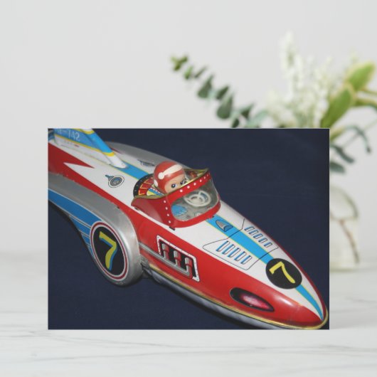 Tin Speelgoed Space/Rocket Ship Invitation Kaart (Staand voorkant)