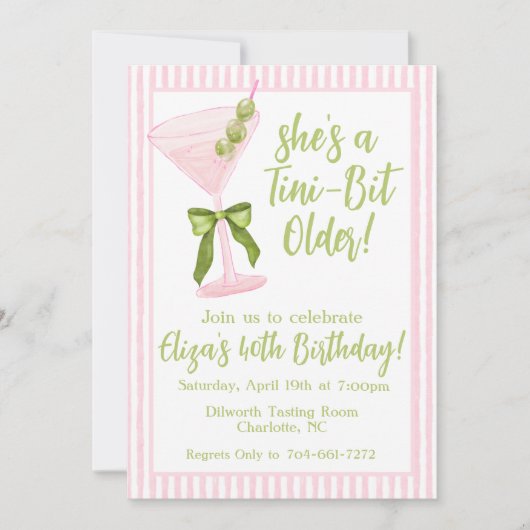 Tini Beetje ouder, Martini Roze & Groene Verjaarda Kaart (Voorkant)