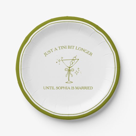 "Tini Bit Longer" Vies Martini Olijf Bachelorette Papieren Bordje (Voorkant)