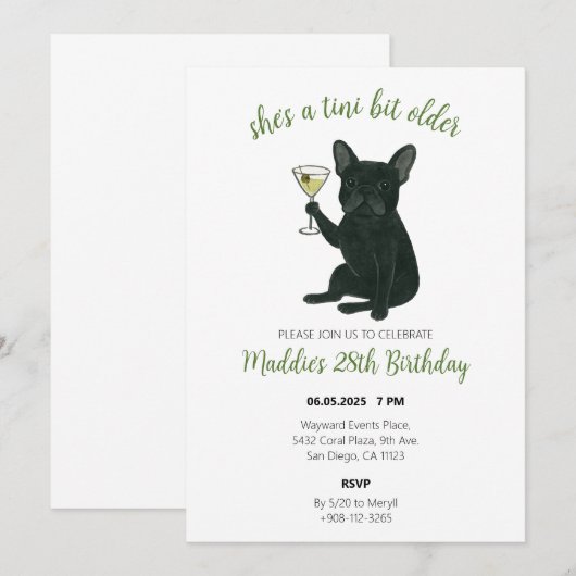 Tini Bit Older Frenchie Martini Birthday Kaart (Voorkant / Achterkant)