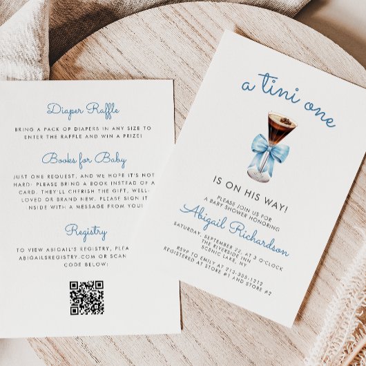 Tini One Espresso Martini QR Code Boy Baby Shower Kaart