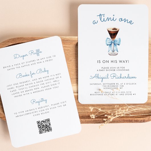 Tini One Espresso Martini QR Code Boy Baby shower Kaart