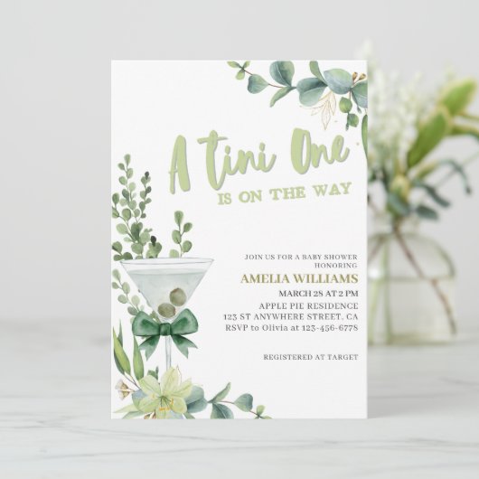 Tini one martini groen genderneutraal baby shower kaart (Staand voorkant)