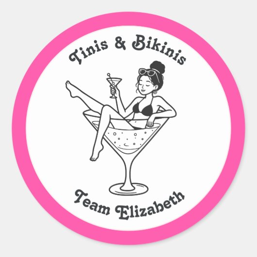 Tinis & Bikinis Team Bruid Bachelorette Ronde Sticker (Voorkant)