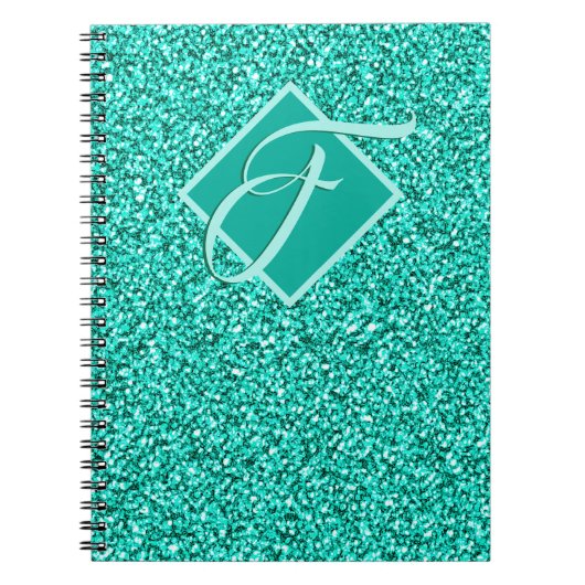 Tinkel Glam Turquoise Blauwe Glitter Monogram Notitieboek (Voorkant)