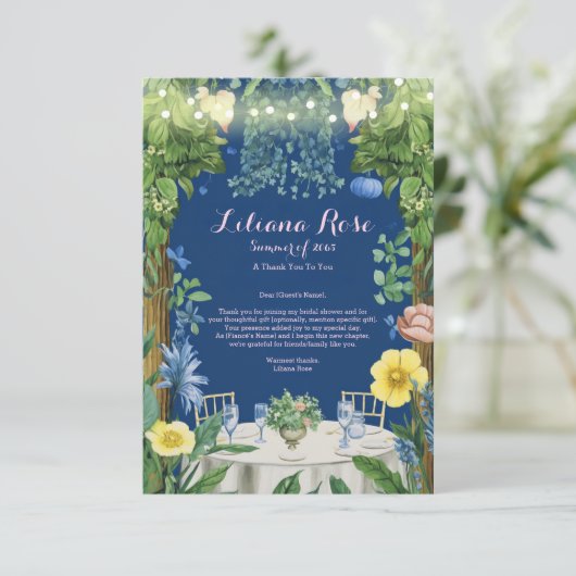Tinkelende Blauwe Bloem Tuin Bruidsfeest Bedankkaart (Staand voorkant)