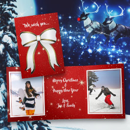 Tinkelende Rode Kerstboog Twee Foto's Drieluik Wenskaart