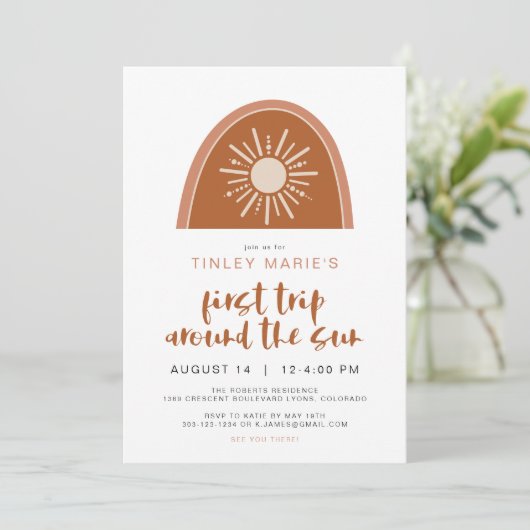 TINLEY Boho Terracotta Rainbow Sun Eerste verjaard Kaart (Staand voorkant)