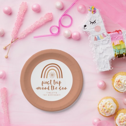 TINLEY Boho Terracotta Rainbow Sun Eerste verjaard Papieren Bordje (Feest)
