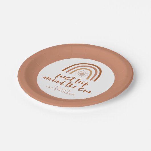 TINLEY Boho Terracotta Rainbow Sun Eerste verjaard Papieren Bordje (Gekanteld)