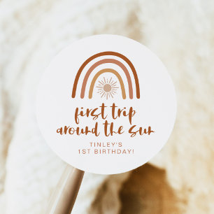 TINLEY Boho Terracotta Rainbow Sun Eerste verjaard Ronde Sticker