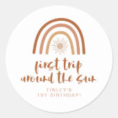 TINLEY Boho Terracotta Rainbow Sun Eerste verjaard Ronde Sticker (Voorkant)