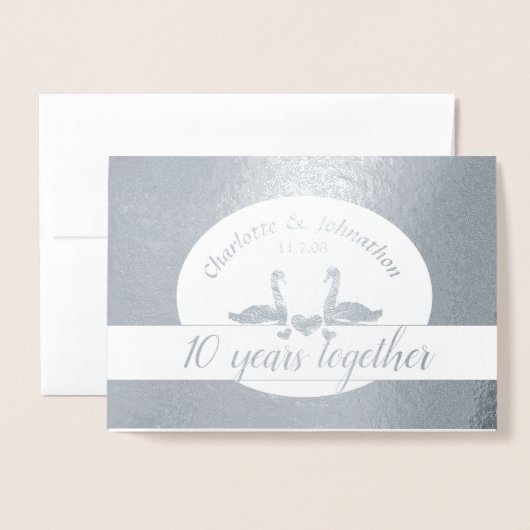 Tinnen trouwdagkaart voor 10 jaar getrouwd met zwa folie kaarten (Voorkant met envelop)