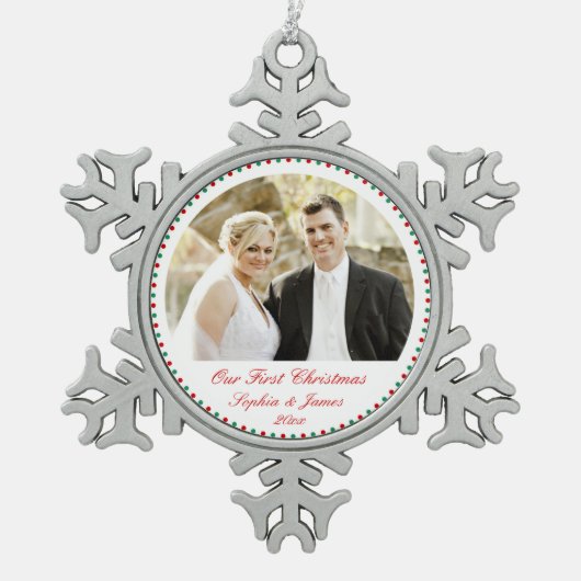 Tinnen Witte Onze Eerste Kerstboomversiering Tin Sneeuwvlok Ornament (Voorkant)